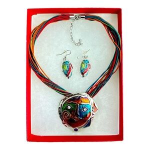 Multicolor Metal & Enamel with Rhinestones Necklace & Earrings Set